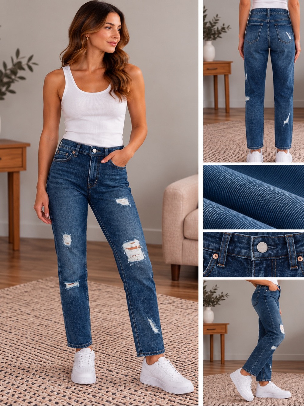 Pink Lily Distressed Straight Leg Jeans - Blue